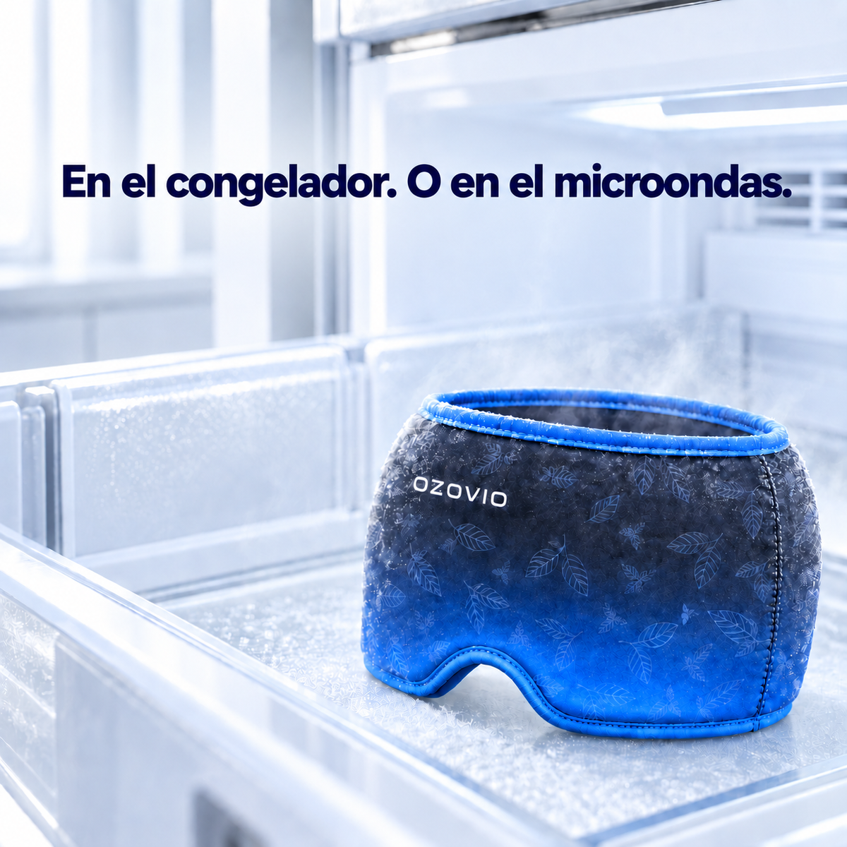 La máscara antimigraña OZOVIO enfriándose en el cajón del congelador
